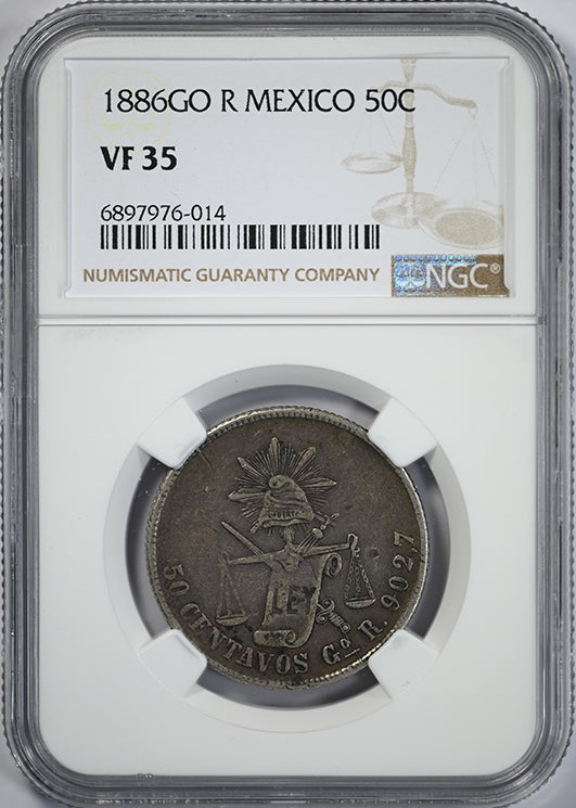 1886 GO R Mexico 50C Centavos NGC VF35 Obverse Slab