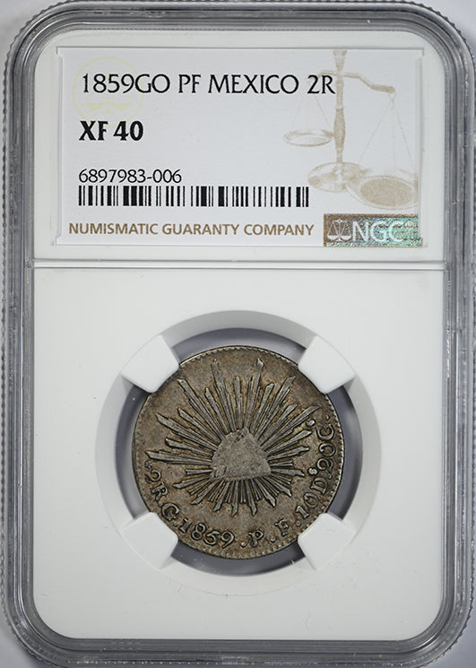 1859 GO PF Mexico 2R Reales NGC XF40 Obverse Slab