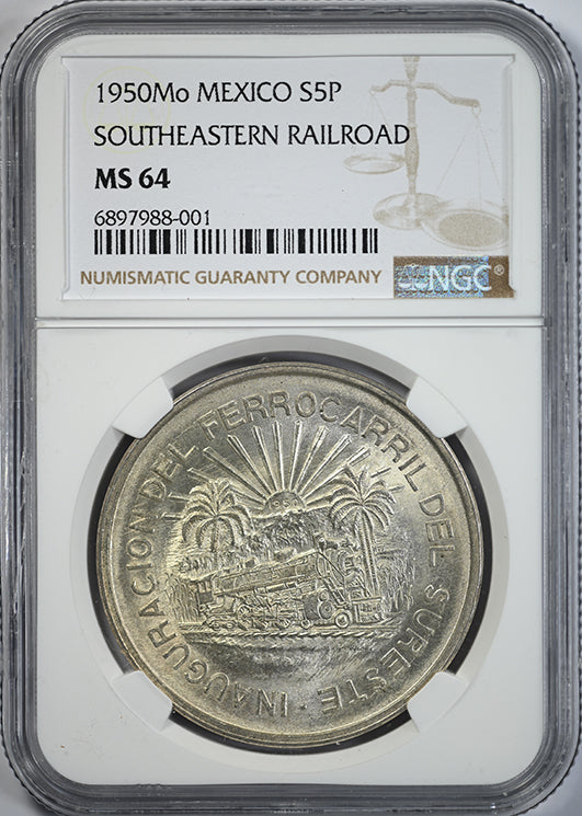 1950 Mo Southeastern Railroad Mexico 5 Silver Peso S5P NGC MS64 Obverse Slab