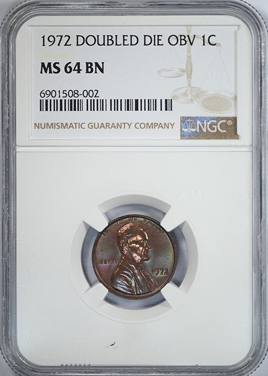 1972 Double Die Obverse Lincoln Memorial Cent 1C NGC MS64BN DDO - TONED! Obverse Slab