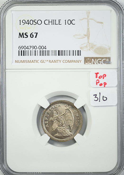 1940 SO Chile 5C Centavos NGC MS67 - TOP POP! Obverse Slab