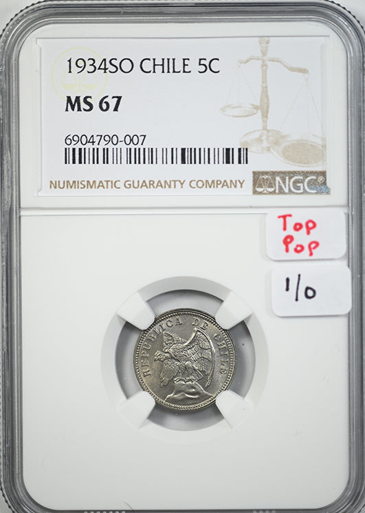 1934 SO Chile 5C Centavos NGC MS67 - TOP POP! Obverse Slab