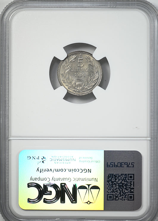 1934 SO Chile 5C Centavos NGC MS67 - TOP POP! Reverse Slab