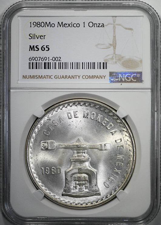 1980 Mo Mexico Silver Casa de Moneda 1 Onza NGC MS65