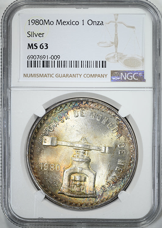 1980 Mo Mexico Silver Casa de Moneda 1 Onza NGC MS63 - TONED!