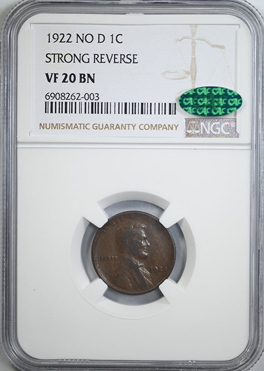 1922 No D Lincoln Wheat Cent 1C NGC VF20BN CAC - Strong Reverse