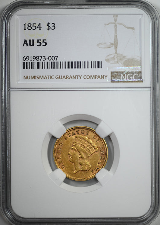 1854 Indian Princess Gold Three Dollar Piece $3 NGC AU55