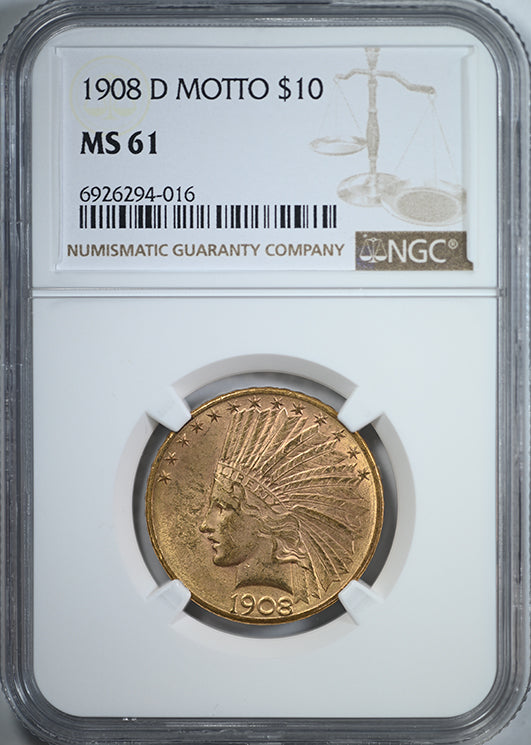 1908-D Indian Head Gold Eagle $10 NGC MS61 - Motto