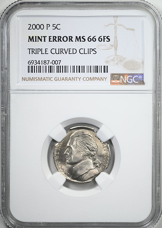 2000-P Jefferson Nickel 5C NGC Mint Error MS66 6FS Full Steps - Triple Curved Clips