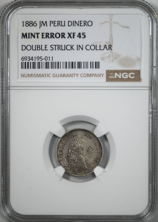 1886 JM Peru Dinero NGC Mint Error XF45 Double Struck in Collar