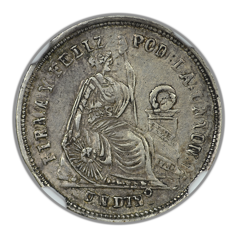 1886 JM Peru Dinero NGC Mint Error XF45 Double Struck in Collar