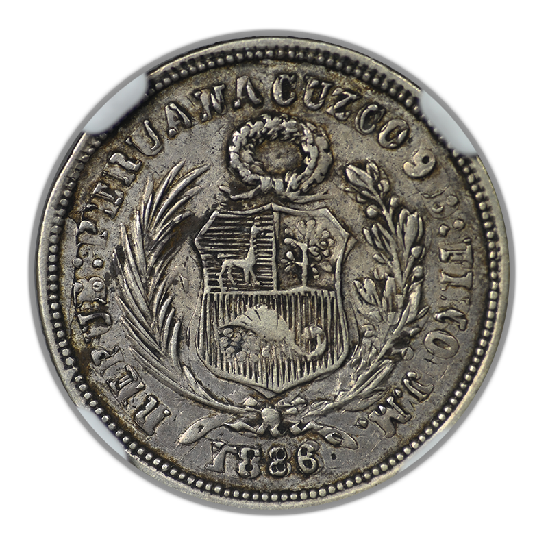 1886 JM Peru Dinero NGC Mint Error XF45 Double Struck in Collar
