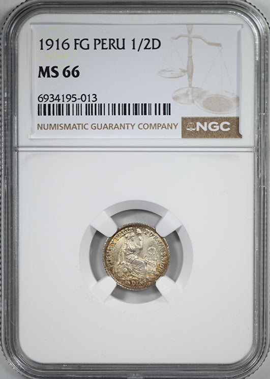 1916 FG Peru 1/2D Dinero NGC MS66
