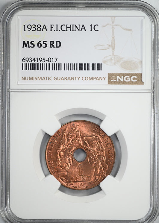 1938 A F.I. China French Indo-China 1C Cent NGC MS65RD