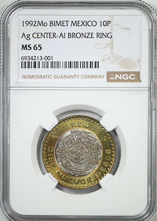 1992 Mo Mexico 10P Nuevo Pesos Estados Unidos Mexicano Bimetallic Ag Center-AI Bronze Ring NGC MS65