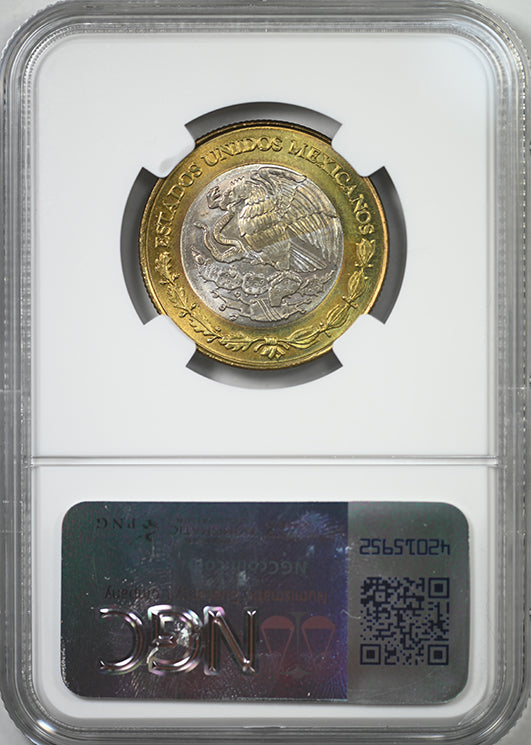 1992 Mo Mexico 10P Nuevo Pesos Estados Unidos Mexicano Bimetallic Ag Center-AI Bronze Ring NGC MS65