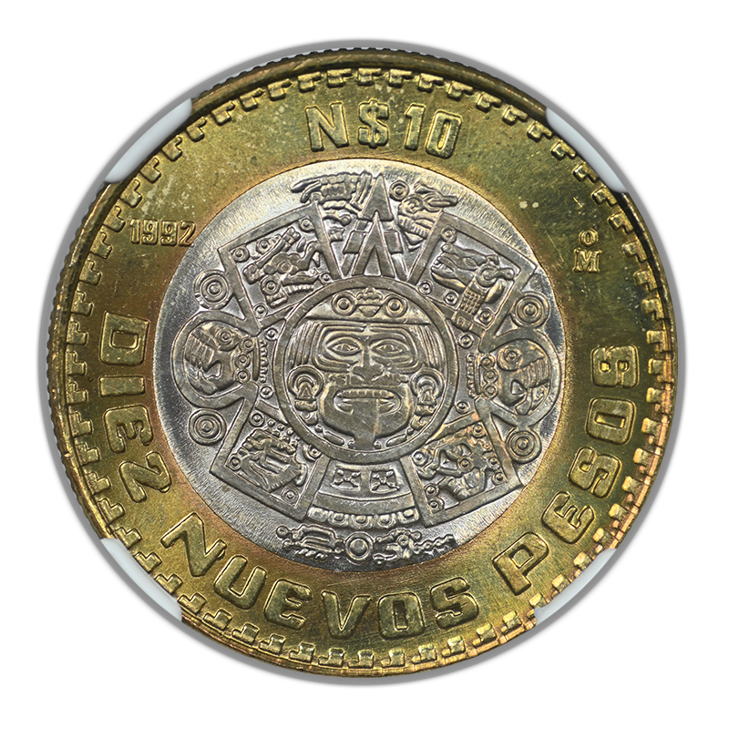 1992 Mo Mexico 10P Nuevo Pesos Estados Unidos Mexicano Bimetallic Ag Center-AI Bronze Ring NGC MS65