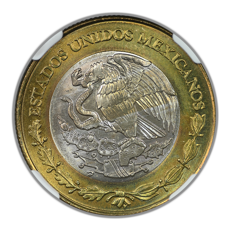 1992 Mo Mexico 10P Nuevo Pesos Estados Unidos Mexicano Bimetallic Ag Center-AI Bronze Ring NGC MS65
