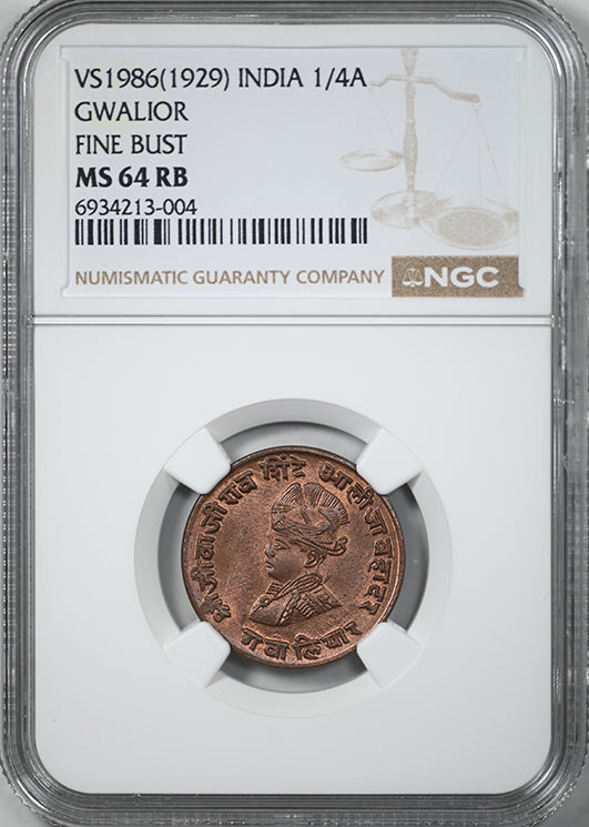 VS 1986 (1929) India 1/4A Anna Gwalior Fine Bust NGC MS64RB