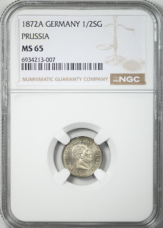 1872 A Germany 1/2SG Silber Groschen German States Prussia NGC MS65