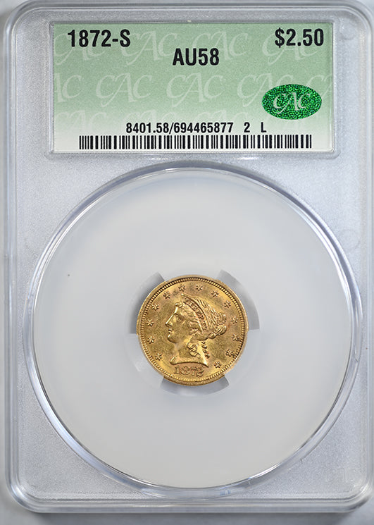 1872-S Liberty Head Gold Quarter Eagle $2.50 CAC AU58