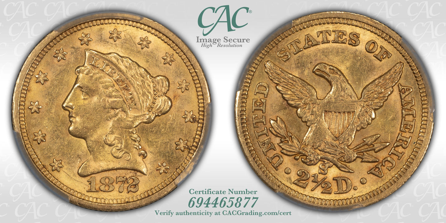 1872-S Liberty Head Gold Quarter Eagle $2.50 CAC AU58