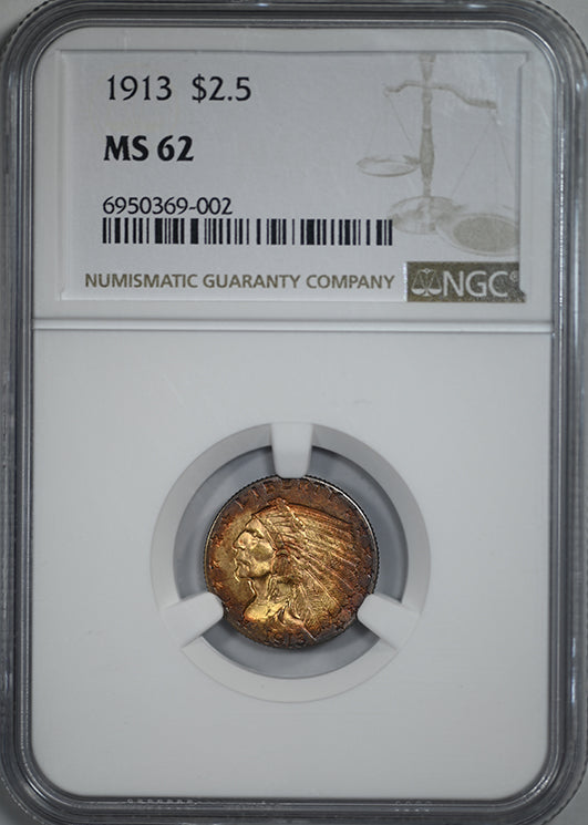 1913 Indian Head Gold Quarter Eagle $2.50 NGC MS62 - TONED!