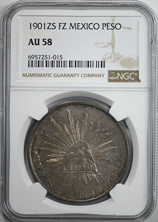 1901 ZS FZ Mexico Cap &amp; Rays Silver Peso NGC AU58