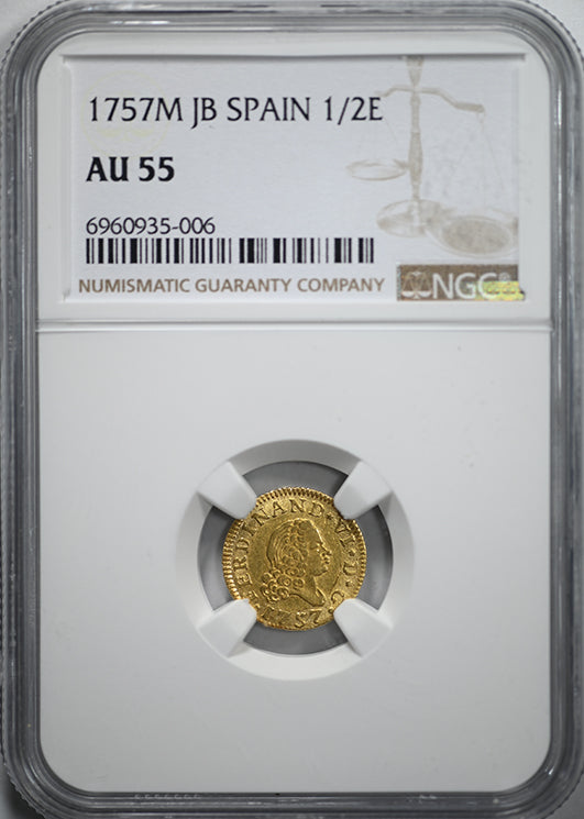 1757 M JB Spain Gold 1/2E Escudo NGC AU55