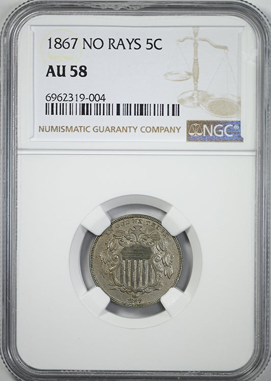 1867 Shield Nickel 5C NGC AU58 - No Rays Obverse Slab