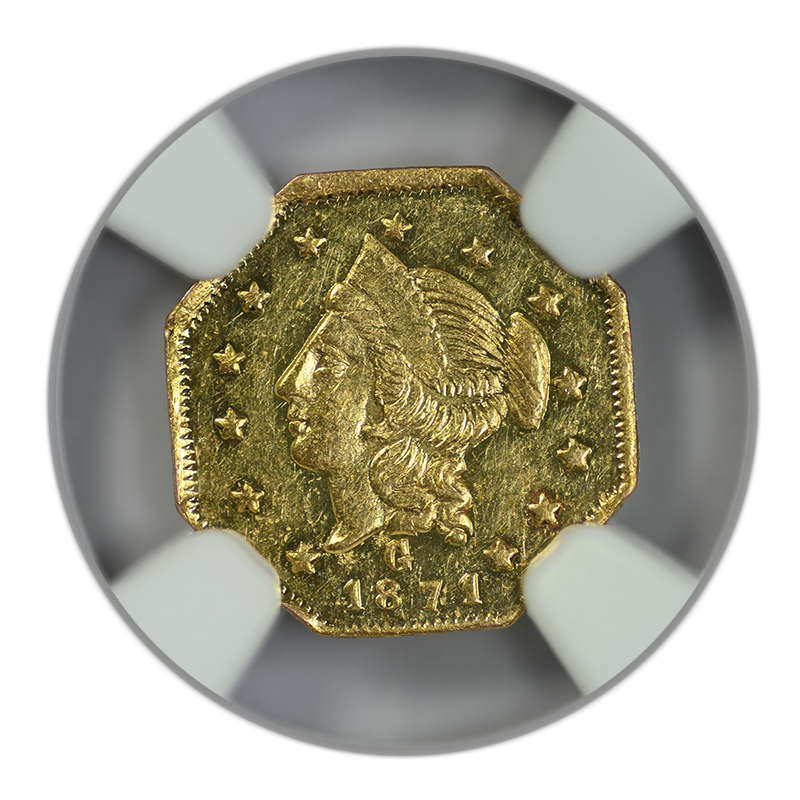 1871 Octagonal California Fractional Gold Liberty Head Dollar G$1 NGC MS60PL BG-1109 - Prooflike Obverse