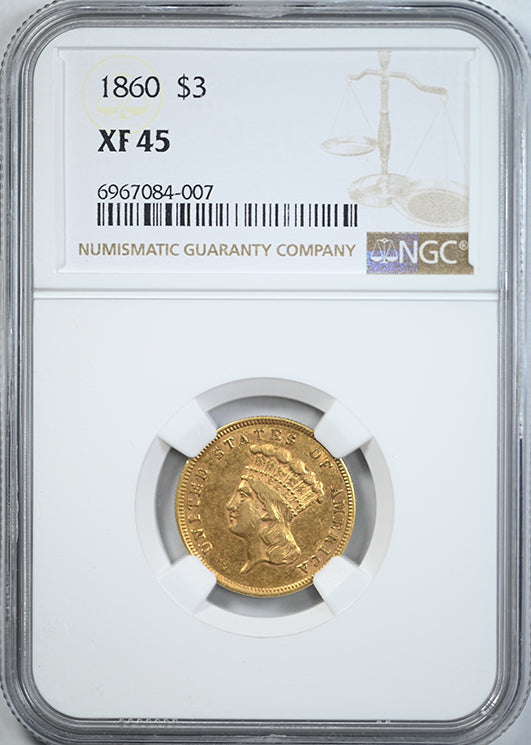 1860 Indian Princess Gold Three Dollar Piece $3 NGC XF45