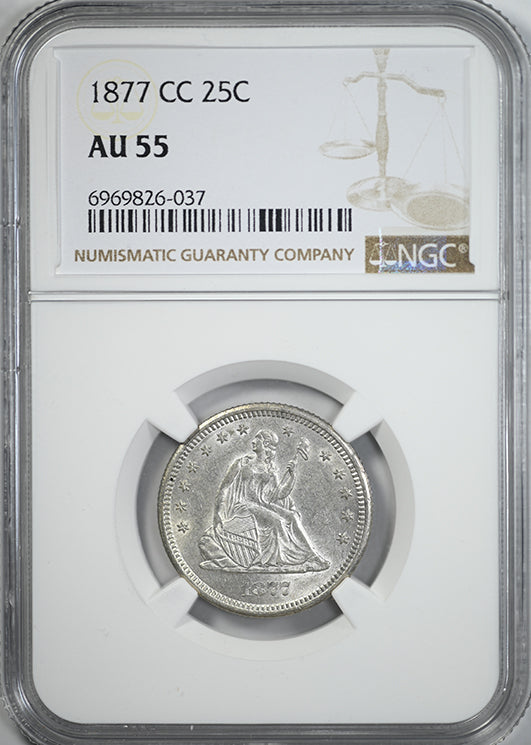 1877-CC Liberty Seated Quarter 25C NGC AU55 Obverse Slab