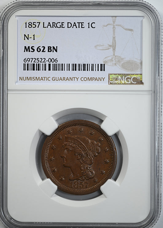 1857 Braided Hair Liberty Head Large Cent 1C NGC MS62BN - Large Date N-1 Obverse Slab