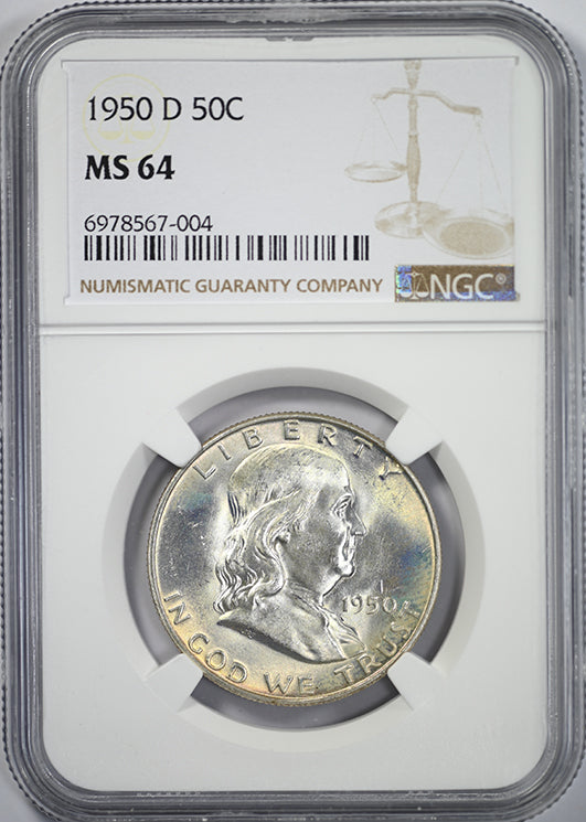 1950-D Franklin Half Dollar 50C NGC MS64 - IRIDESCENT TONED! Obverse Slab