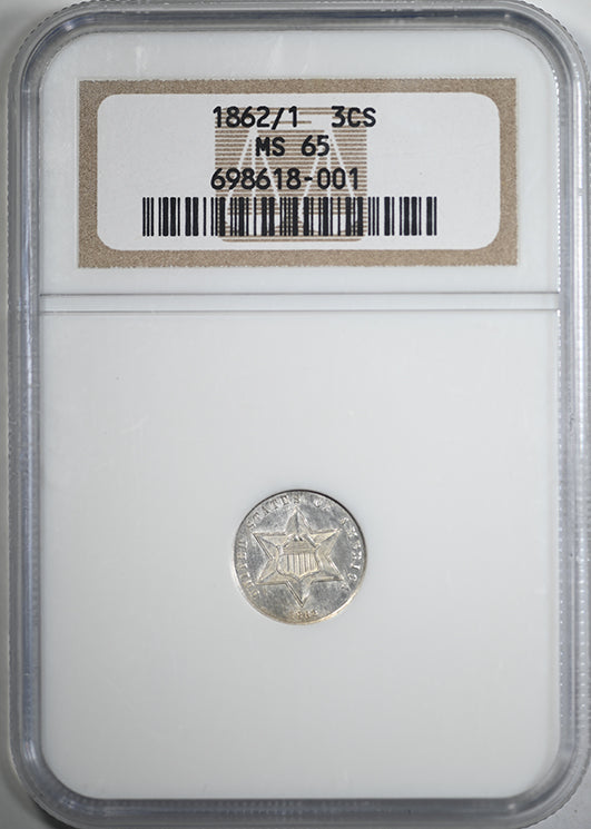 1862/1 Three Cent Silver Piece 3CS NGC MS65 Obverse Slab