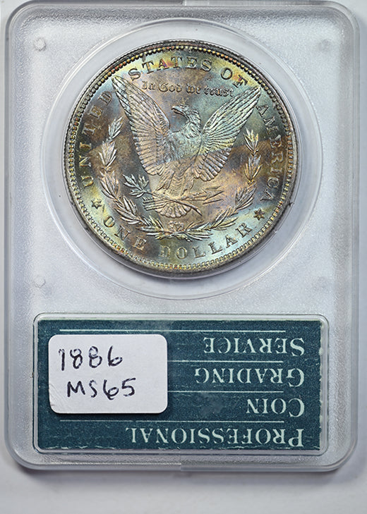 1886 Morgan Dollar $1 PCGS Rattler MS65 - END ROLL TONING! Reverse Slab