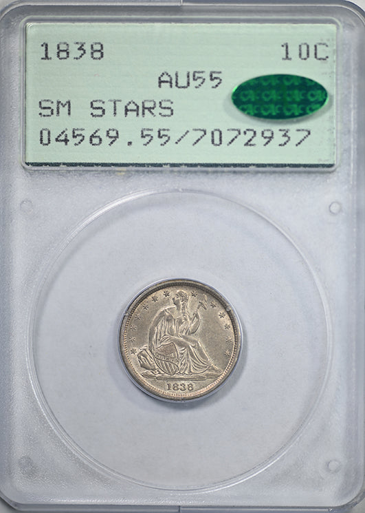 1838 Liberty Seated Dime 10C PCGS Rattler AU55 CAC - Small Stars