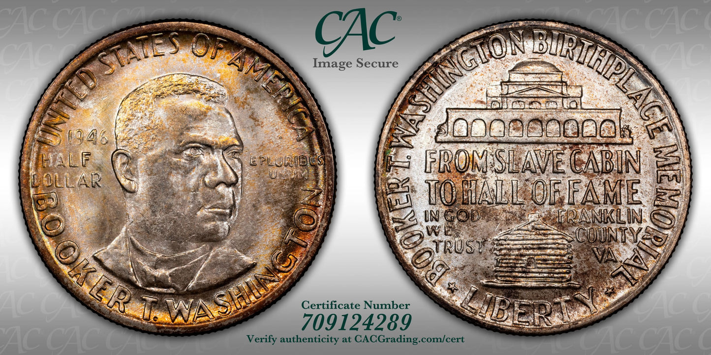 1946 Booker T. Washington Classic Commemorative Half Dollar 50C CAC MS67 - TONED!