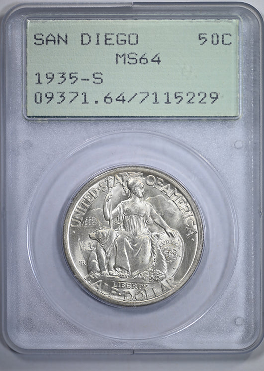 1935-S San Diego Classic Commemorative Half Dollar 50C PCGS Rattler MS64