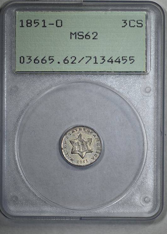 1851-O Three Cent Silver Piece 3CS PCGS Rattler MS62
