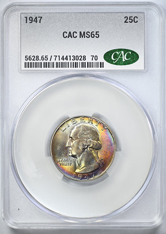 1947 Washington Quarter 25C CAC MS65 - RAINBOW TONED!