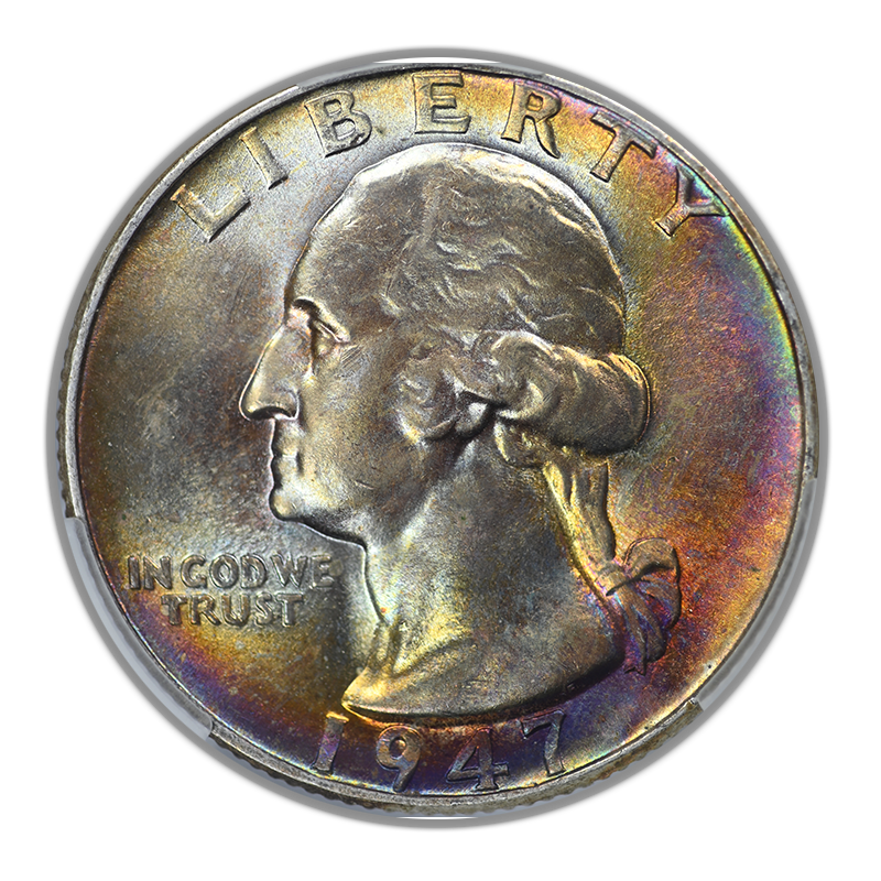 1947 Washington Quarter 25C CAC MS65 - RAINBOW TONED!
