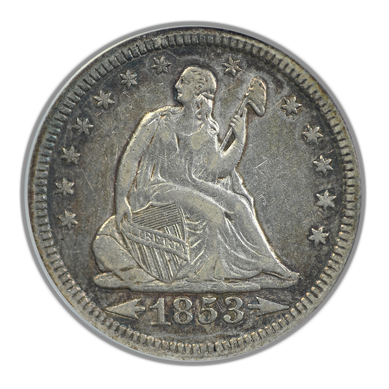 1853/4 Liberty Seated Quarter 25C ANACS AU50 FS-301 Late Die State Obverse