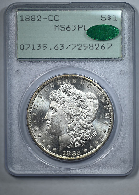 1882-CC Morgan Dollar $1 PCGS Rattler MS63PL CAC - Prooflike