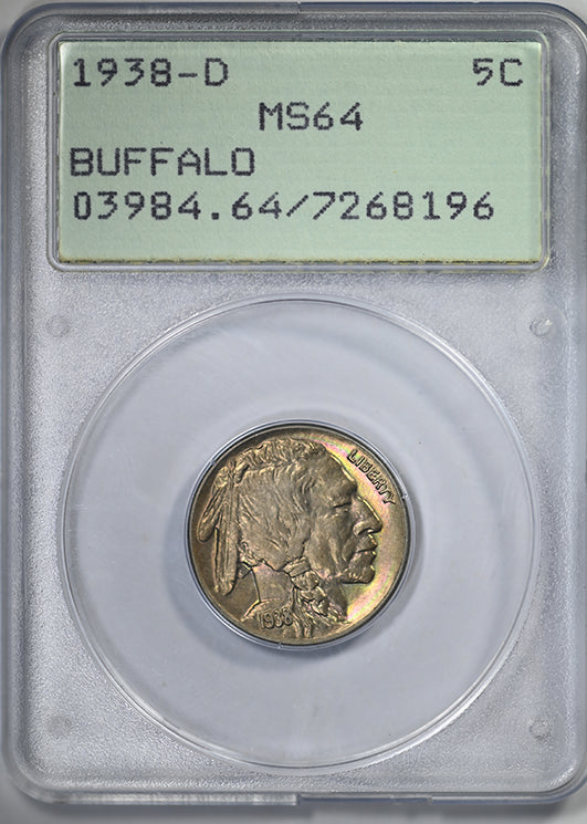 1938-D Buffalo Nickel 5C PCGS Rattler MS64 - TONED!