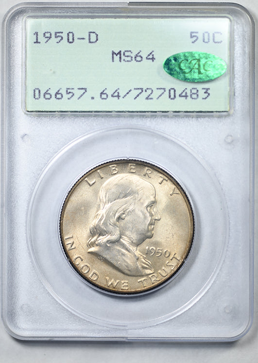1950-D Franklin Half Dollar 50C PCGS Rattler MS64 CAC