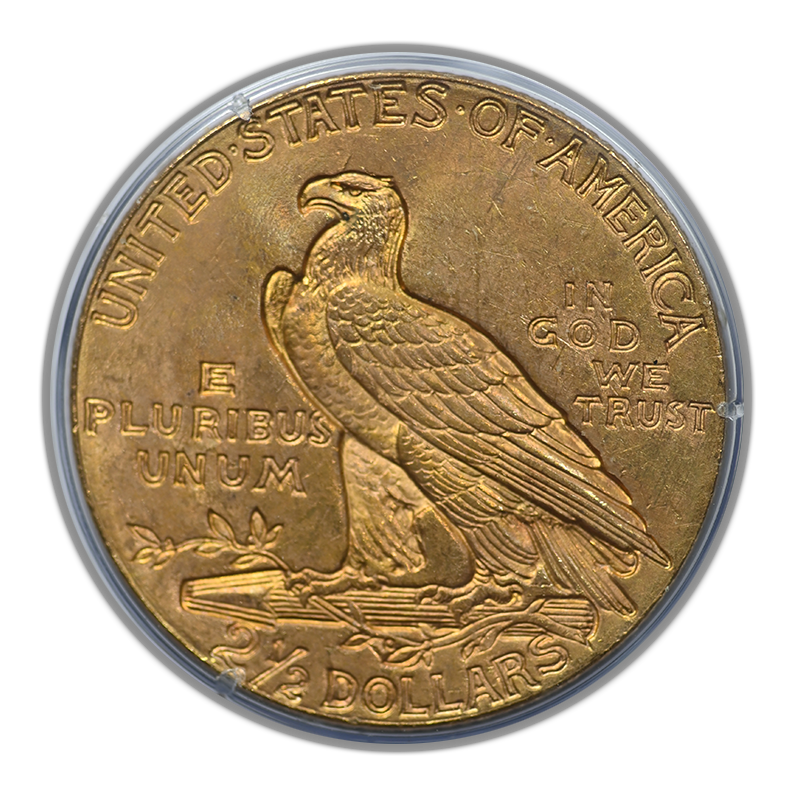1929 Indian Head Gold Quarter Eagle $2.50 PCGS Rattler MS61 Reverse