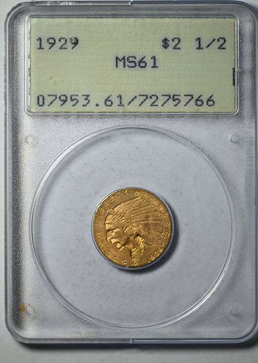 1929 Indian Head Gold Quarter Eagle $2.50 PCGS Rattler MS61 Obverse Slab