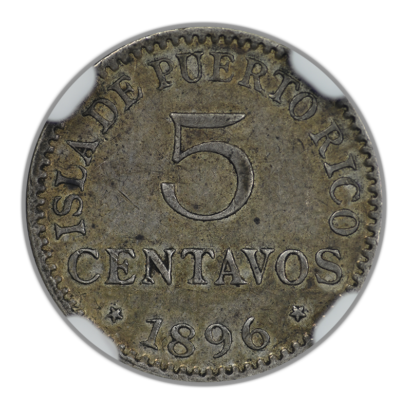 1896 PGV Puerto Rico 5C Centavos NGC AU53